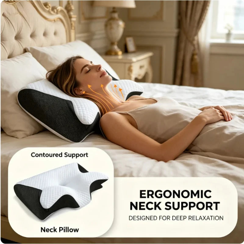 Neck Pain Relief Memory Foam Neck Pillow Ergonomic Orthopedic Cervical Support Breathable for Side Back Stomach Sleepers Bed